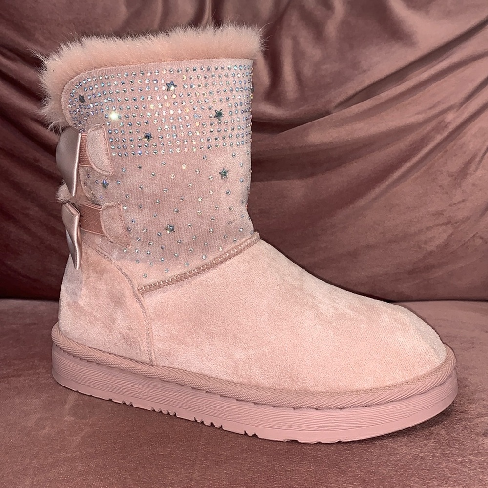 RHINESTONE 2 BOW PINK FUR BOOTS